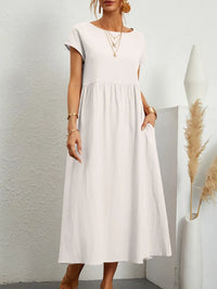 Vestido Largo de Lino y Algodón, Cuello Redondo