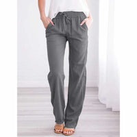Pantalón Ancho de Algodón y Lino, Cintura Elástica