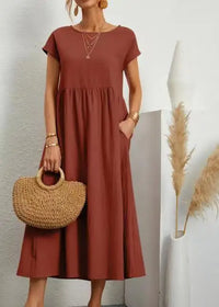 Vestido Largo de Lino y Algodón, Cuello Redondo