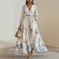 Vestido Maxi Estampado, Cuello en V y Manga Larga