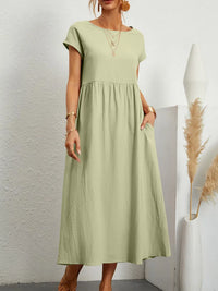 Vestido Largo de Lino y Algodón, Cuello Redondo