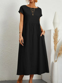 Vestido Largo de Lino y Algodón, Cuello Redondo