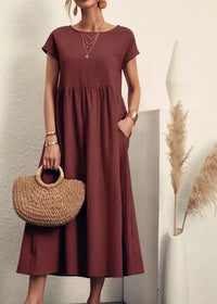Vestido Largo de Lino y Algodón, Cuello Redondo