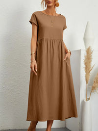 Vestido Largo de Lino y Algodón, Cuello Redondo