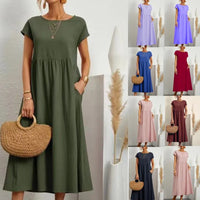Vestido Largo de Lino y Algodón, Cuello Redondo