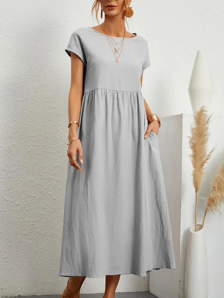 Vestido Largo de Lino y Algodón, Cuello Redondo