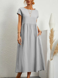 Vestido Largo de Lino y Algodón, Cuello Redondo