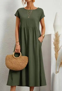 Vestido Largo de Lino y Algodón, Cuello Redondo