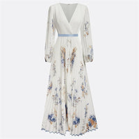 Vestido Maxi Estampado, Cuello en V y Manga Larga