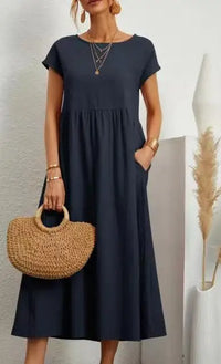 Vestido Largo de Lino y Algodón, Cuello Redondo