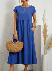 Vestido Largo de Lino y Algodón, Cuello Redondo