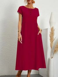 Vestido Largo de Lino y Algodón, Cuello Redondo