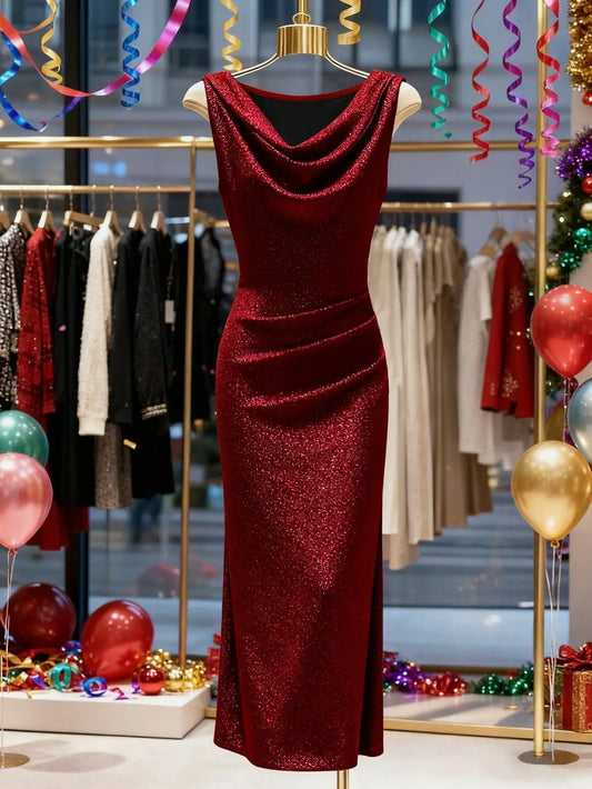 Vestido de Fiesta Ajustado con Brillo, Escote Pronunciado