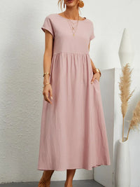 Vestido Largo de Lino y Algodón, Cuello Redondo