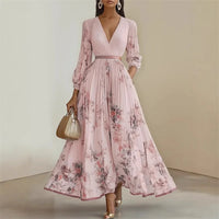 Vestido Maxi Estampado, Cuello en V y Manga Larga