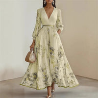 Vestido Maxi Estampado, Cuello en V y Manga Larga