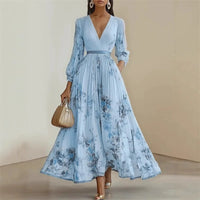 Vestido Maxi Estampado, Cuello en V y Manga Larga
