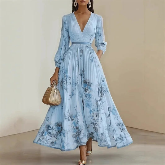 Vestido Maxi Estampado, Cuello en V y Manga Larga