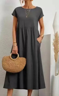 Vestido Largo de Lino y Algodón, Cuello Redondo